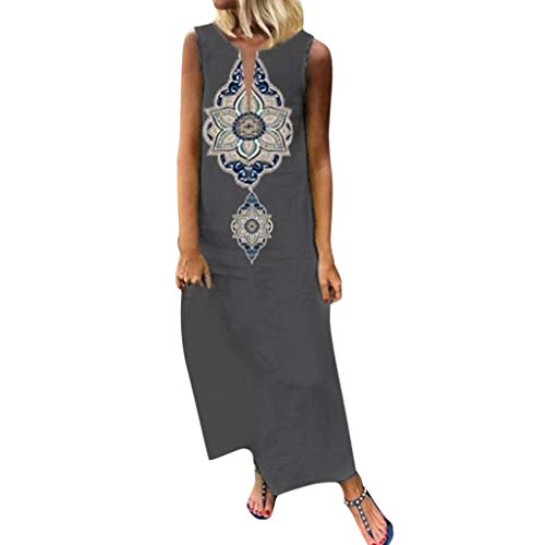 Sunnywill Women Skirt, Sale! Women Sleeveless Print V-Neck Side Slit Bohemian Dresses Shift Boho Maxi Dress Womens Comfortable Nice Clothes Long Maxi Dress Gray