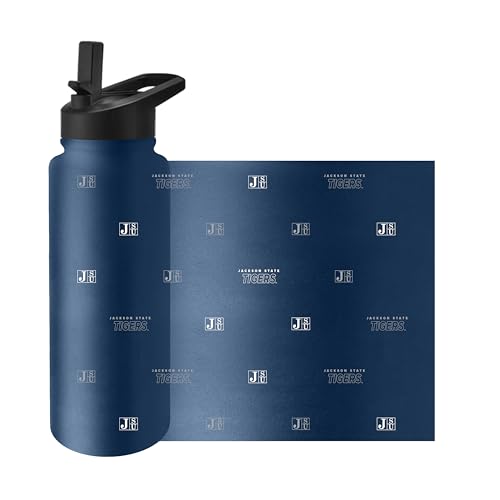 Image of Logo Brands NCAA Jackson State Tigers Step & Repeat 34 oz Stainless Steel Quencher Bottle - All Over Logo Design, No-Spill Lid, Easy Carry Handle - Keeps Drinks Cold For Hours