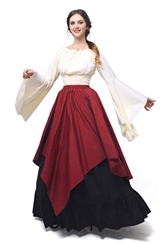 Fiamll Renaissance Kleid Damen Mittelalter Kleidung Damen Kostüme Fasching Kleid Set Rot XXL(Top und Rock)