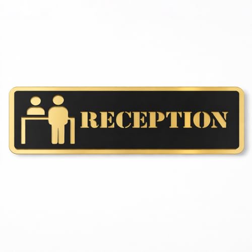 Image of Reception Oval Acrylic Signage Sticker - Self-Adhesive Front Desk Sign for Office, Hotel, Clinic, & Store & Black Gold Label for Glass & Smooth Surfaces