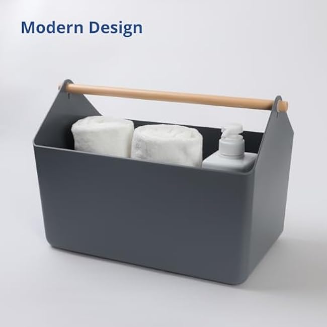 BLUE GINKGO Large Storage Basket ¨C Plastic Caddy with Wooden Handle for Bathroom, Pantry, or Cleaning Supplies (Gray)