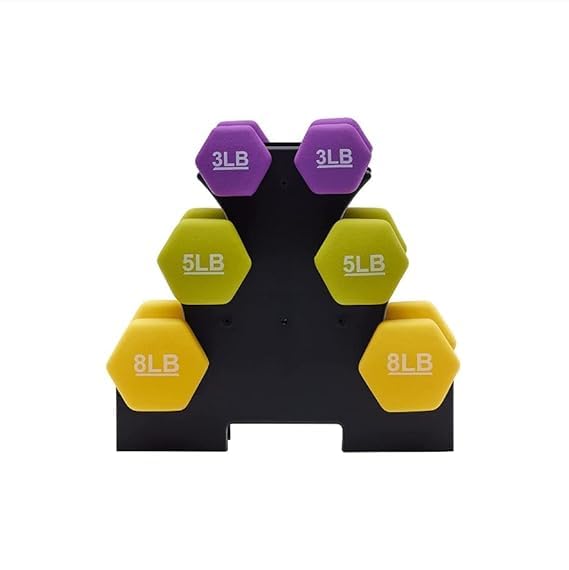 Jimwalt Jimwalt Premium Cast Iron Neoprene Coated Dumbbell Combo with Stand | Reach Compliant| From the House of Healthycliq | Sedex Certified| Strength Training Weight for Home Gym (32LB (3LB + 5LB + 8LB SET)