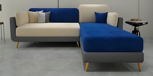 Image of Velvet Contemperory 4 Seater LHS Sofa Set Couch with Cushion Chaise Lounge Sectional Perfect for Living Room & Bedroom Guests Home & Office (LHS 4 Seater Sofa Blue & Beige)