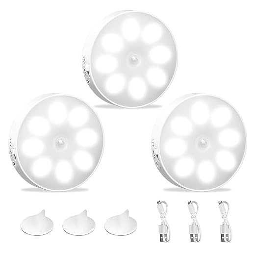 Veilleuse, Lot de 3 Lampe LED Automatique Rechargeable Par USB, Veilleuse LED à Induction 6000K 8 LEDs Blanc Froid, Veilleuse Détecteur de Mouvement Intérieur, Auto/On/Off, pour Couloir Escalier