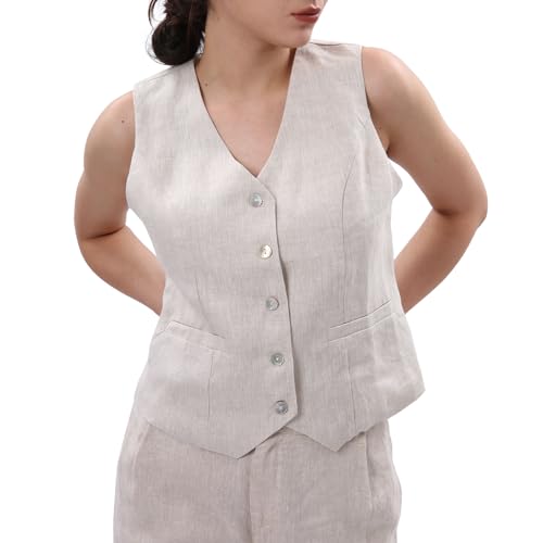 Amazhiyu Women's 100% Linen Sleeveless Button Down Crop Top Tie Back Waistcoat Vest 5