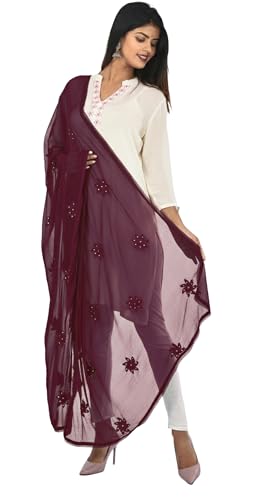 Image of YOUTHQUAKE Flower Embroidered Diamond Work Chiffon Dupatta for Womens & Girls With 4 Side Lace