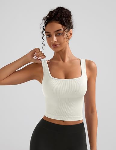 Image of OLCHEE Womens 3 Pack Crop Tank Tops Basic Seamless Ribbed Sleeveless Square Neck Workout Top Summer Exercise Yoga Gym Shirts