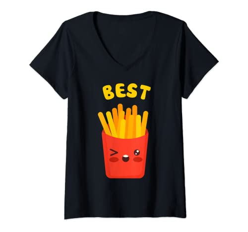 Mujer Kawaii Fries - Hamburguesa - 1/2 - BFF - Mejores Amigos que Coinciden Camiseta Cuello V