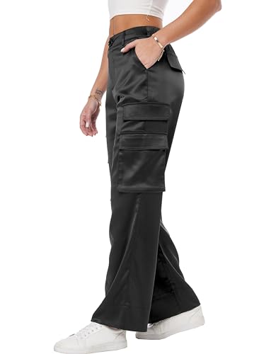 Women's Wide Leg Cargo Pants Satin Silky Casual High Waist Y2K Baggy Cargo Pants Combat Military Trouser