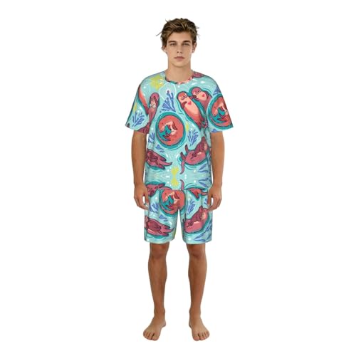 Pyjama homme imprimé loutres marron : ensemble élégant pour la détente