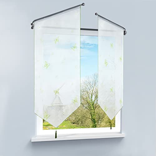 HongYa Rideau Brise Bise Rideaux Cuisine Transparent Papillons Passe Tringle sans Percage Décor de Chambre Intérieur Vert H/L 120/60cm 1 Pièce Cover