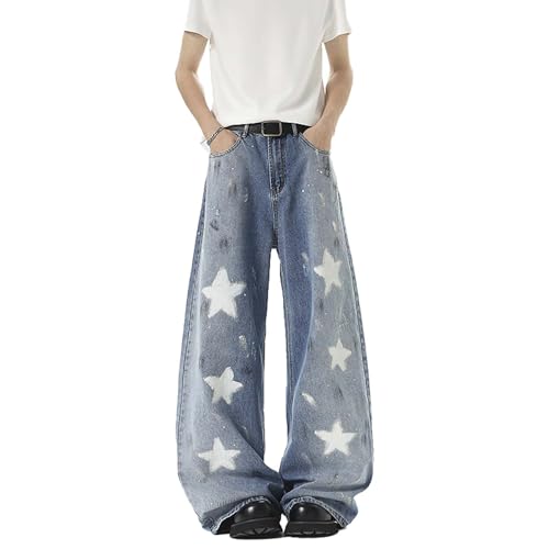 Baggy Jeans for Men Women Y2K Star Graffiti Design Wide Leg Grunge Denim Pants Casual Fashion Harajuku Streetwear