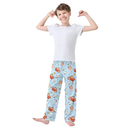 Cartoon Capybara Pilot Blue Cute Pajama Pants, Soft Sleepwear Lounge Pants Pajama Pj Bottoms for 6-14 Years2