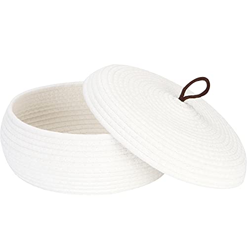 Sea Team Round Cotton Rope Storage Basket with Lid, Decorative Woven Storage Bin, Pot, Caddy, Organizer, Container for Snacks, Towels, Plants, 13 x 5.5 Inches (Large, Shallow, White)