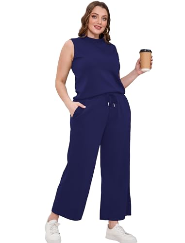 Image of SAMPEEL Two Piece Sets for Women Summer Outfits Lounge Sets Mock Neck Tops Wide Leg Crop Pants Vacation Travel Outfits