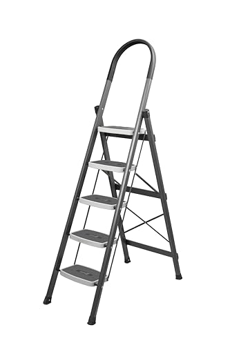 Image of CLEAN IN 5 Step Premium Foldable Household Steel Ladder ~ for Home, Garage, Kitchen. Wide & Anti-Skid Steps, 150 kg Load Capacity, Reinforced Hinges ~ (Shades of Grey)
