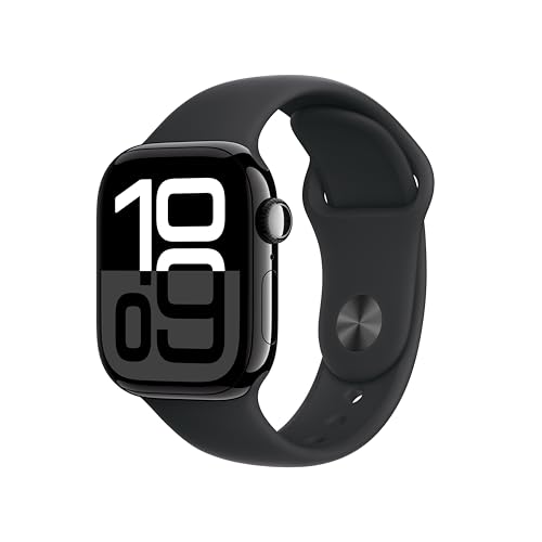 Apple Watch Series 10 [GPS 42mm case] Smartwatch with Jet Black Aluminium Case with Black Sport Band – M/L. Fitness Tracker, ECG App, Always-On Retina Display, Water Resistant