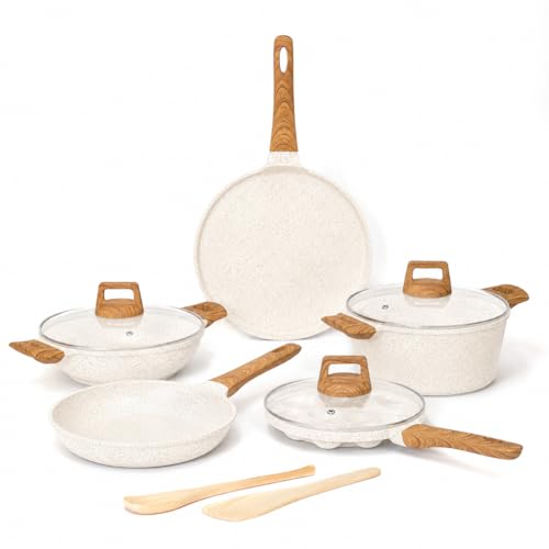 Image of Kreme CeraStone Ultra Granite Nonstick Cookware Set 10 pcs, Wooden Spoons, Kadai 2.5L, Casserole Pot 4.4L, Frying Pan 1.7L, Flat Tawa, Appam Pan 12, PFOA Free, Induction Compatible, Ivory