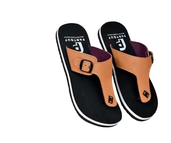 Men's Flip Flops Slippers, Black with Brown Stripe-image-19