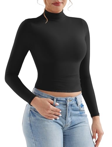 YEOREO Long Sleeve Workout Crop Mock Thermal Turtle Neck Double Lined Base Tops Shirts Women Sariah Y2k Undershirt