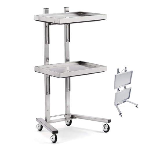 Carrito plegable de acero inoxidable, carrito de peluquería de 2 niveles con 4 ruedas, carrito de salón resistente, capacidad de 66 libras por bandeja, para peluquería, spa, tienda de belleza
