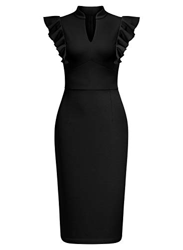 Knitee Women's Vintage Ruffle Sleeve V-Neck Bodycon Evening Party Cocktail Pencil Sheath Dress (Black, Small) #TOP2