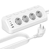 JSVER Presa Angolare con 4 Porte di Ricarica USB (2A & 2C), Multipresa a 4 vie con Interruttori, Presa Elettrica Angolare con Cavo da 4 m per Casa e Cucina (Bianco)