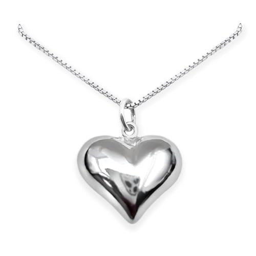 Large Sterling Silver Heart Necklace Puffed Heart Pendant Necklace Perfect Gift Birthday Christmas Mothers Day Gift for Wife Daughter or Mom (18 inches plus 2-inch extender)