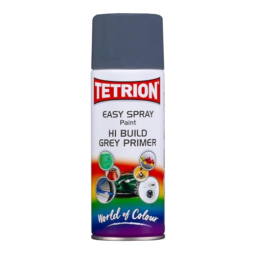 Tetrion Easy Spray Paint Primer - Hi-Build Grey Primer 400ml - Acrylic Spray Paint for Wood, Metal, Plastic, Ceramic & More - Smooth Base Coat for Paint | Indoor & Outdoor Use, 13.5 Oz