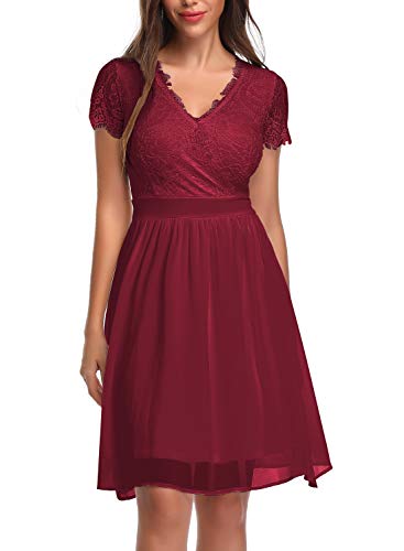 oten Vestido de Costura Plisado del Patinador de la Costura con Cuello de Pico Cruzado del cordón de Las Mujeres para el Partido