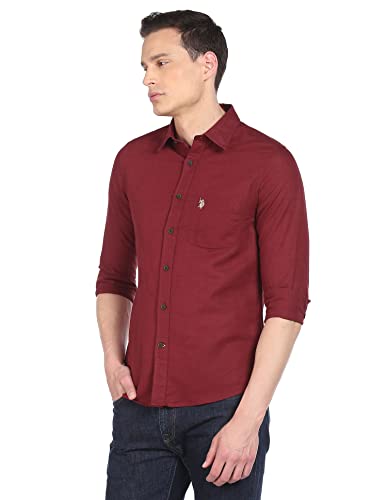 Image of U.S. Polo ASSN. Men's Solid Cotton Linen Tailored Fit Spread Collar Casual Shirt