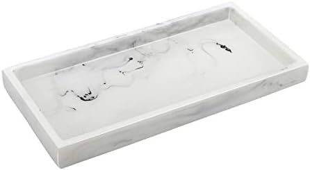 Emibele Jewelry Organizer Resin Tray, Bathroom Kitchen Dresser Vanity Tray Jewelry Dish Ring Holder Cosmetic Organizer for Candle Perfume Soap Shampoo Small Plant Home Decor, Mini Size - Marble White