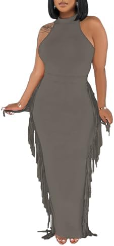 Euulin Women's Sexy Ruched Bodycon Dresses Sleeveless Crop Tops For Night Club Tassels Fringe Skirt 2 Piece Outfits Dress Camel S