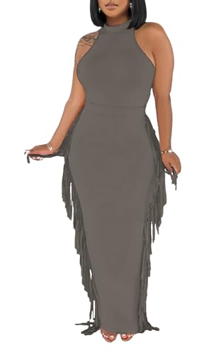 Image of 2 Piece Outfits for Women Sexy Halter Neck Sleeveless Crop Tops Ruched Bodycon Dresses Jumpsuits Fringe Skirt Sets
