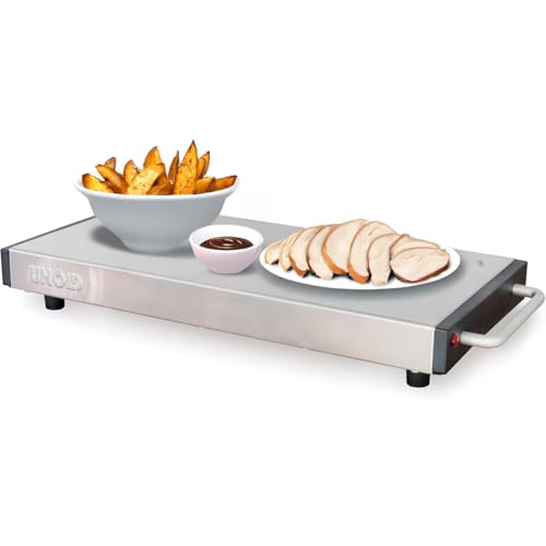 Unold Food Warmer Elena 58845 – Cordless Electric Hotplate with Ceramic Heat Storage – Heats in 5 Minutes – Keeps Food Warm for 1 Hour – 40 x 20 cm Surface – 1100W – Stainless Steel Design