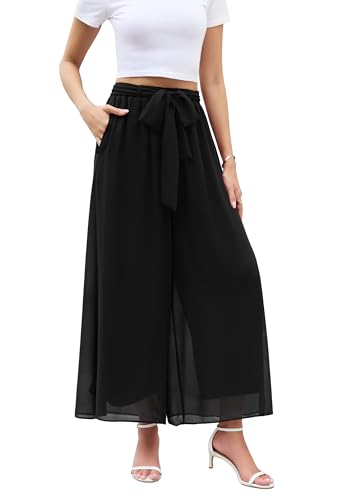 WANGZHI Women's Wide Leg Chiffon Dress Pant Elegant Party Elastic Waist Trouser with Pockets