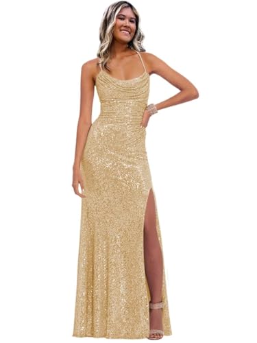 Image of Stylefun Women's Halter Mermaid Prom Dresses with Slit Long Sequin Formal Cocktail Party Dress STN027