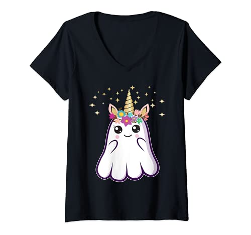 Womens Cute Unicorn Ghost Halloween Thanksgiving V-Neck T-Shirt