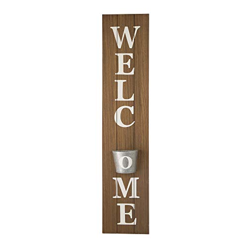 Glitzhome Welcome Sign For Front Door Porch, 42 Inch Farmhouse Vertical Wooden Welcome Sign With Metal Hanging Planter For Front Porch Decor, Rustic Indoor Outdoor Home Welcome Sign Decor, Natural #TOP1