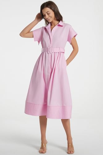 Image of Ladyful Women Casual Button Down Shirt Dress Short Wing Sleeve Buiness Midi Shirt Dress with Belt Elegant Dress