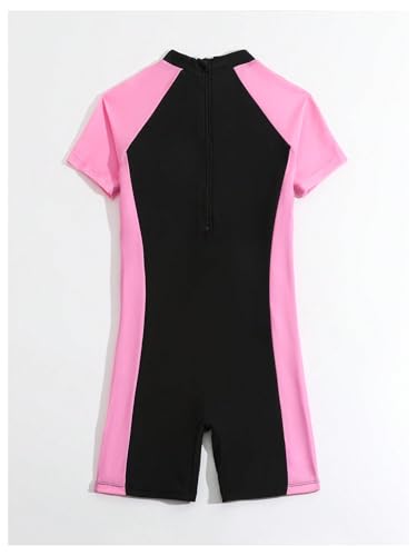 SweatyRocks Girl's One Piece Rash Guard Swimsuit Color Block Letter Graphic Short Sleeve Bathing Suit2