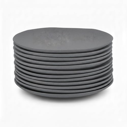 Juego de 12 platos llanos de melamina en color gris. Resistentes y ligeros, ideales para uso diario. Diámetro 28 cm. Apto para lavavajillas. No apto para microondas.