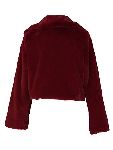 Women's Faux Fur Coats Winter Solid Lapel Short Fleece Cropped Jackets Parkas Wool Coat Wine Red M #TOP4