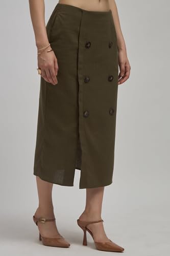 VIRGIO Linen Double Breasted Slit Midi Skirt3