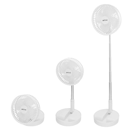 AKTIVE 61588 Ventilador inalámbrico, Plegado Compacto, 19,7x19,7x97,5 cm, 4 Modos Aire, 2-6 Horas duración, Tubo telescópico 36-83 cm, Cargador USB Incluido, Recargable en 4,5 h, Posición de Bloqueo