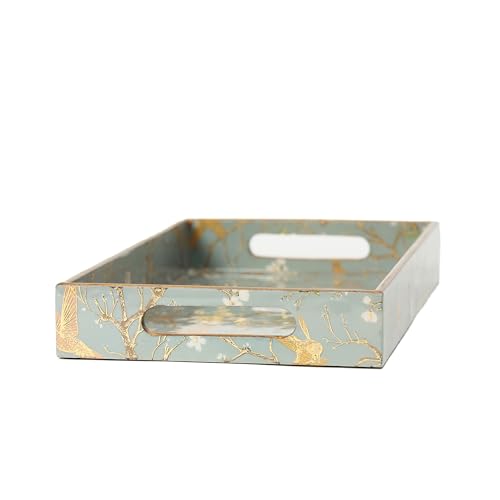 Image of Set of 3 Waterproof Lacquer Coated Wooden Trays - Humming Bird & Blossom Vintage Floral Design, Multipurpose MDF Serving Tray with Handles (16x10, 14x8, 12x6 Inches)(Setof3- SilverGoldBirds)