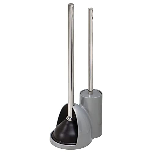 mDesign Compact Plastic Toilet Bowl Brush and Plunger Combo Set with Holder - Caddy for Bathroom Storage - Sturdy, Heavy Duty, Deep Cleaning - Silver/Brushed