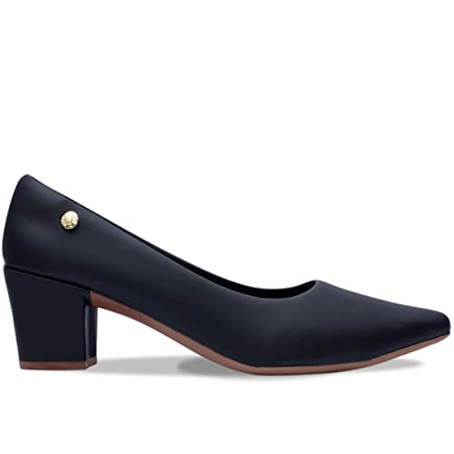 Sapato Scarpin Sintético Bico Fino Salto Grosso Bloco A2.12A Cor:Preto;Tamanho:37;Genero:Feminino