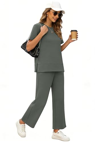 Image of XIEERDUO Women's Side Slit Lounge Sets 2026 Fashion 2 Piece Travel Outfits Cozy Loungewear Wide Leg Tracksuits S-3XL