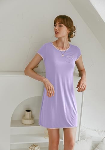 Image of Ekouaer Womens Nightgown Sleep Shirt Dress Satin Patchwork Short Sleeve Sleepwear with Pocket
